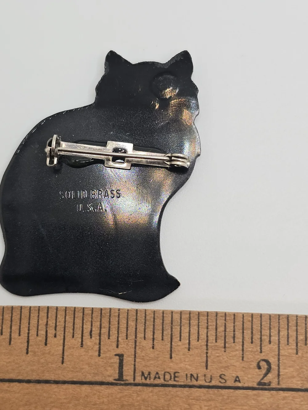 Vintage Black Cat Brooch Rhinestone Collar Red Eyes Solid Brass Kitty 1-7/8